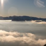 View on foggy mountain peaks